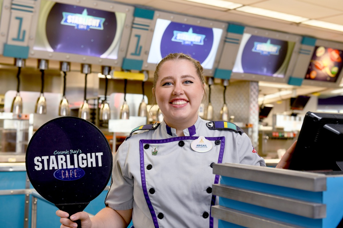 Abigail, a Disney College Program Participant, working at Cosmic Rays Starlight Cafe.