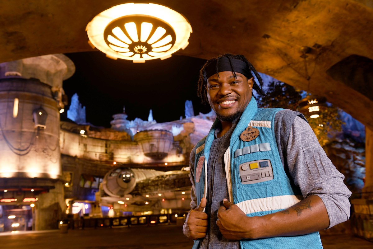 Bryan, a Disney College Program participant, among Star Wars theme park attractions.