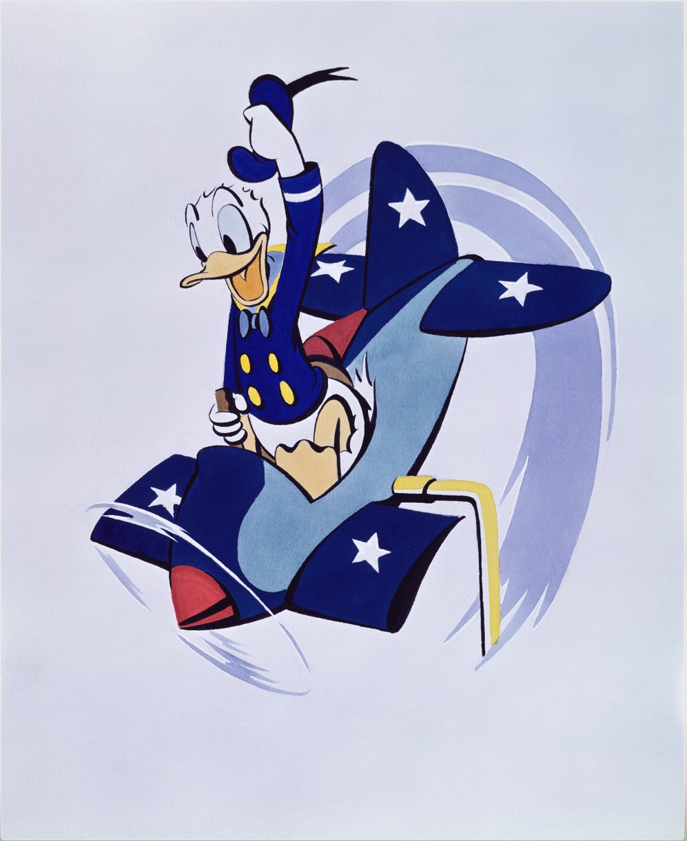 Cartoon illustration of Donald Duck in an airplane.
