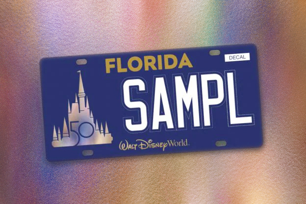 Graphic of a Disney 50th Anniversary license plate in front of an iridescent background