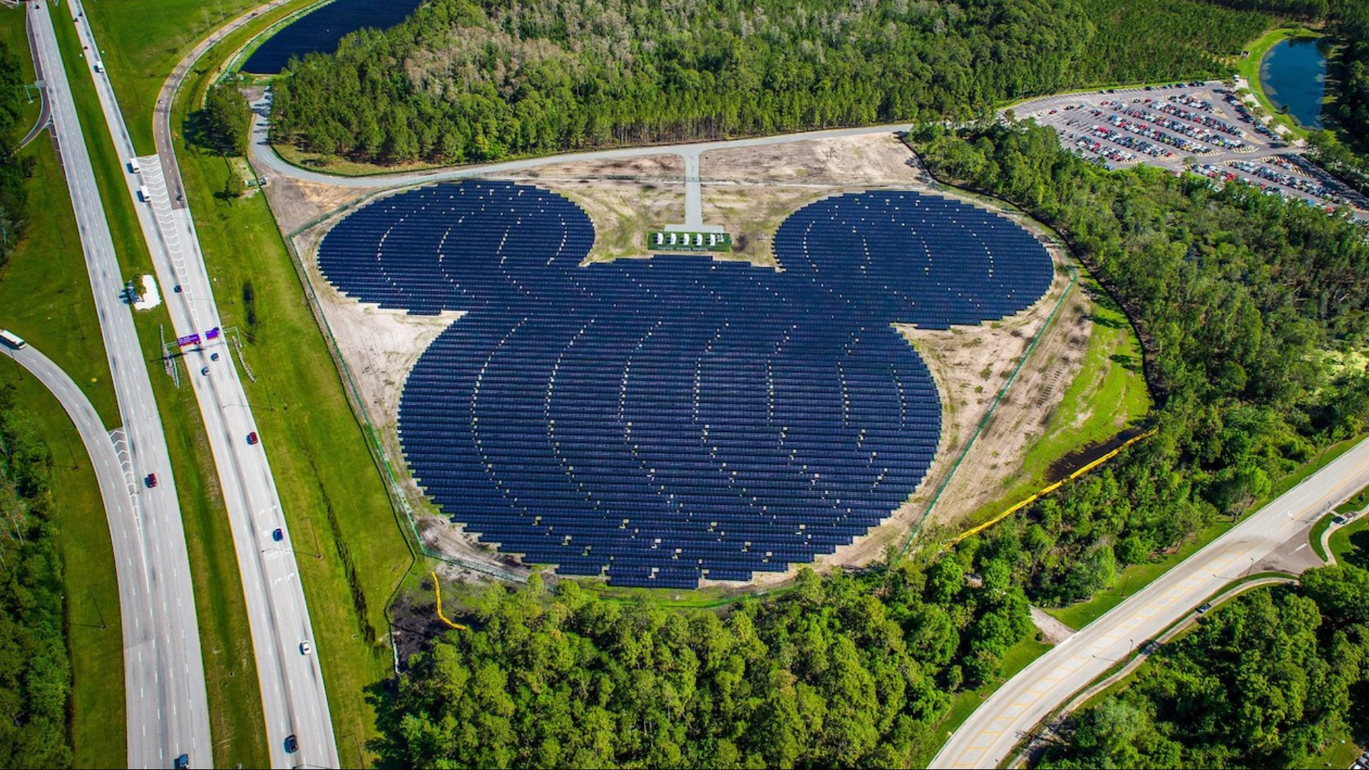 An aerial image of a Mickey Mouse-shaped solar array.