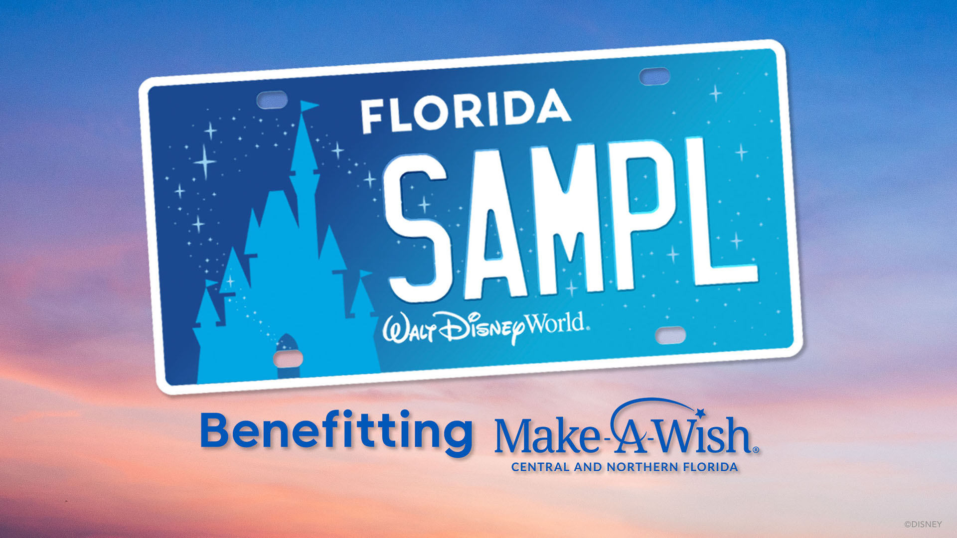 Walt Disney World Specialty License Plate floating on a cloud background