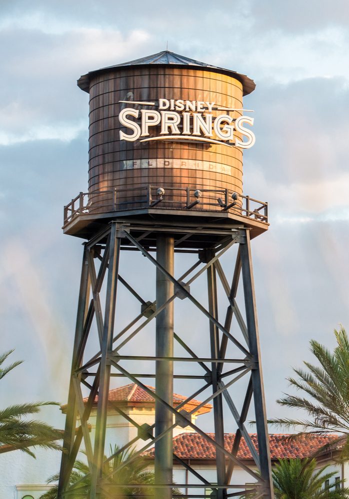 Landscape image of the Walt Disney World’s shopping center, Disney Spring’s water tower