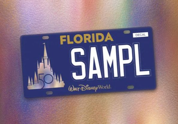 Graphic of a Disney 50th Anniversary license plate in front of an iridescent background
