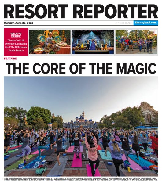 Newsletter with Resort Reporter as the Header and "The Core of the Magic" as the Feature Story with a photo of Cast Members doing yoga in front of Sleeping Beauty Castle.
