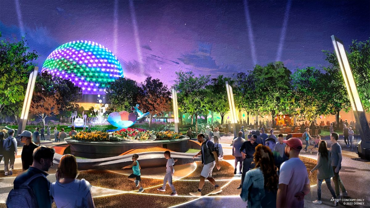 Concept art of families walking through the new Epcot gardens with Spaceship Earth in the background.