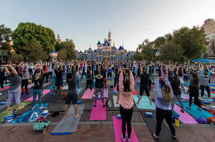 Hundreds of Cast Members doing yoga in front of Sleeping Beauty Castle at Disneyland Resort.