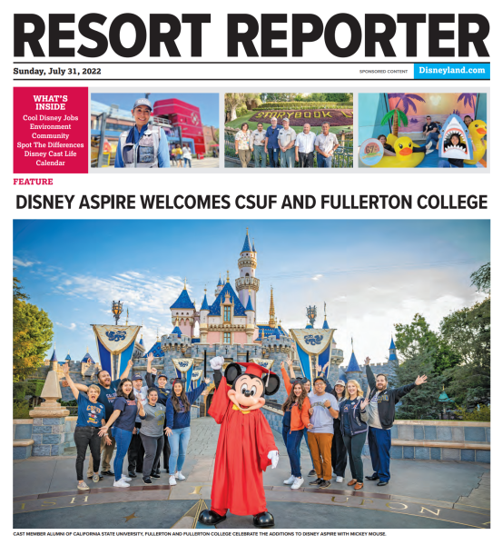 The front of the Disneyland Resort Reporter Newspaper with Mickey in a red cap and gown. 