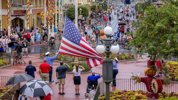 The flag ceremony at Magic Kingdom - photo taken from the second level of the train station. 
