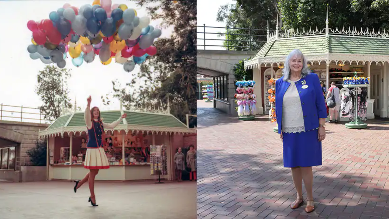 Then and Now photo of Debby at Disneyland's front entrance. 