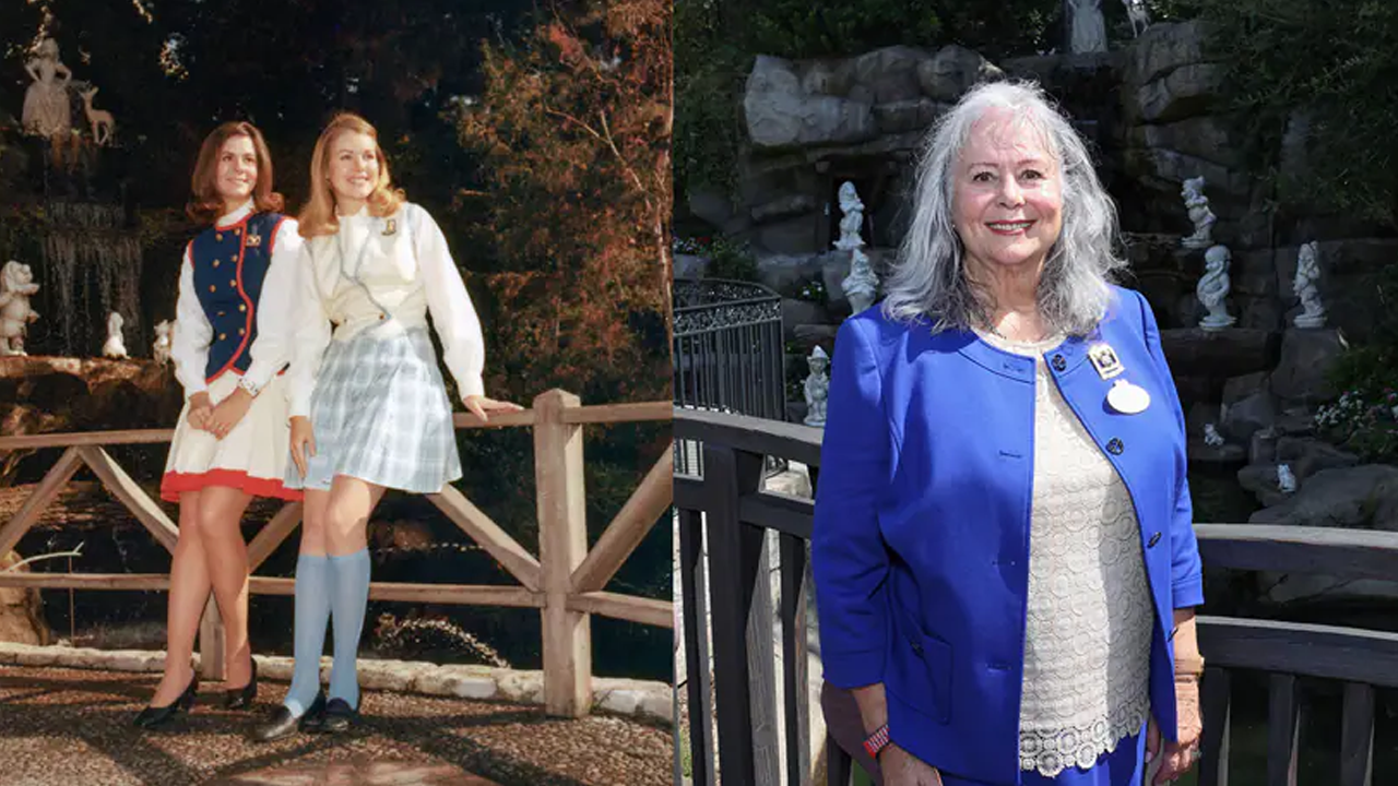 Then and Now photo of Debby by the Snow White and the Seven Dwarfs statues. 