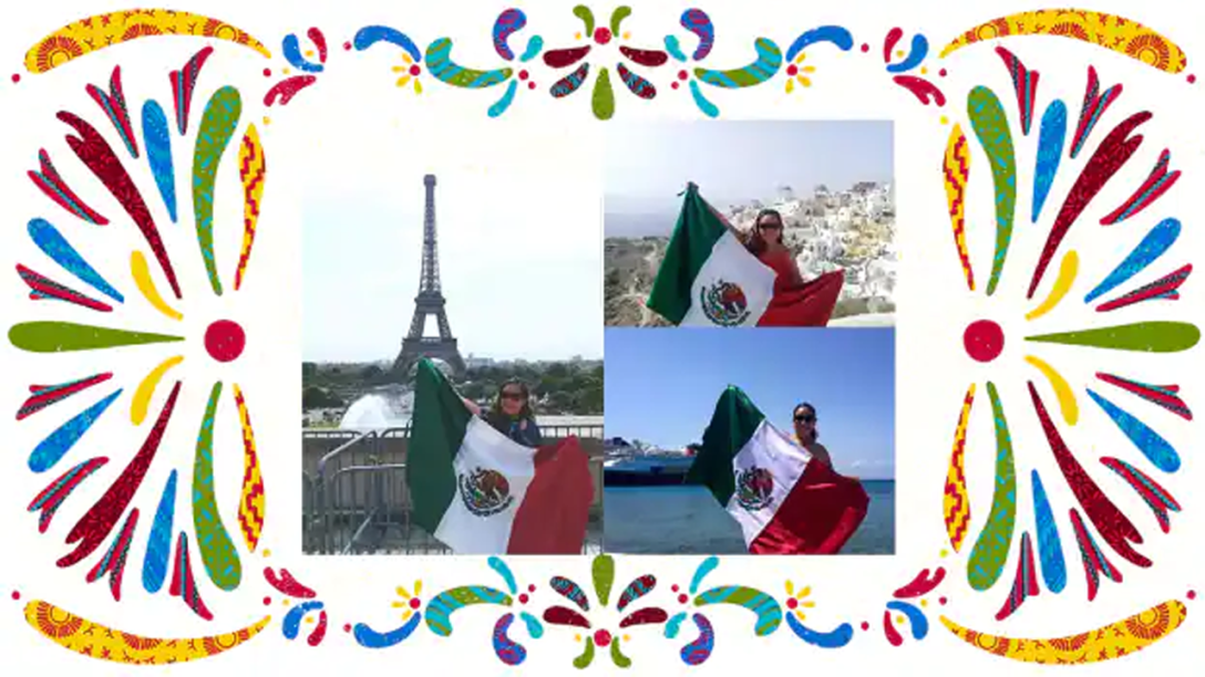 Three people holding up the Mexican flag at destinations around the world.