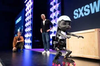 Robotic character on roller skates is showcased on stage at South by South West