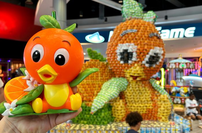 orange bird sipper held in front of canstruction orlando project