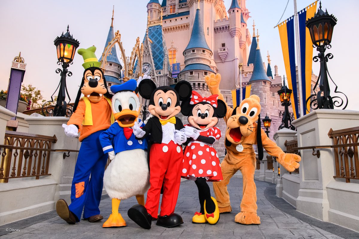 Goofy, Donald, Mickey, Minnie and Pluto characters in front of Cinderella Castle at Walt Disney World