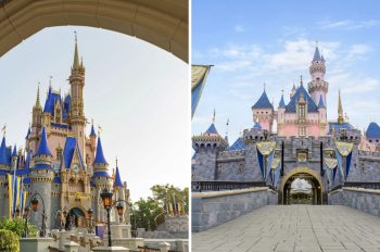 A split photo showing castles from both Disney World and Disneyland