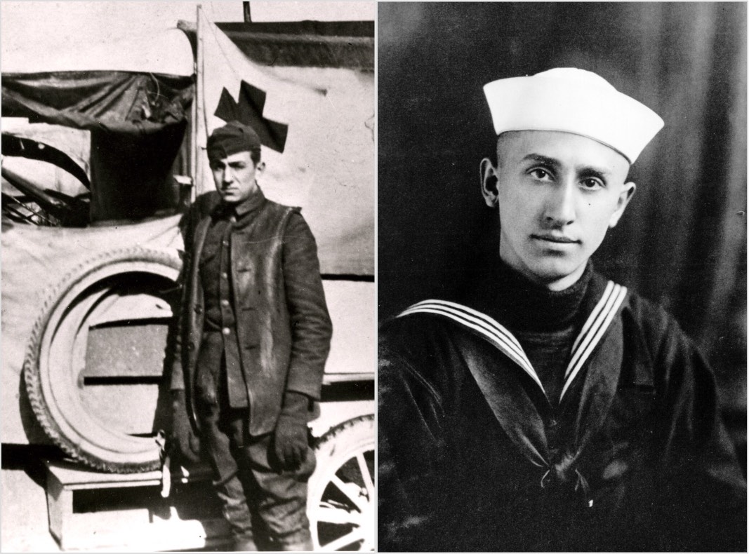 A photo compilation of Walt Disney in the Red Cross during World War I and Roy O. Disney in the U.S. Navy during World War I