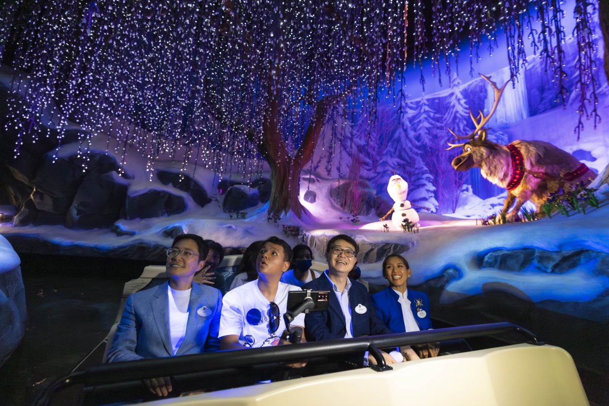 Make-A-Wish kid and Disney Cast Members ride the all-new Frozen Ever After attraction.