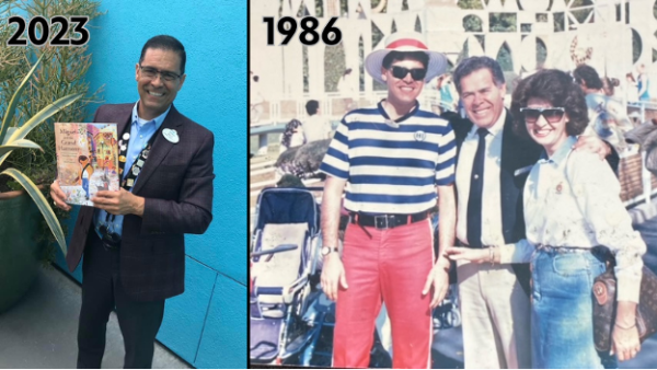 Cast member Mike Miranda pictures at Disneyland in 1986 and in 2023. 