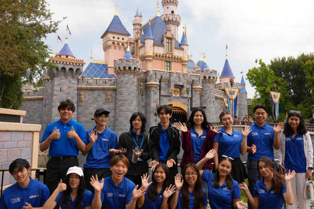 AIME students pose in front of Sleeping Beauty Castle at Disneyland park. 