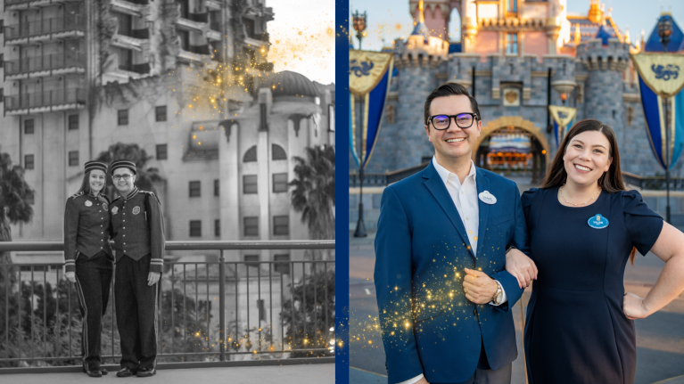 Valerie and Frank at The Twilight Zone Tower of Terror in 2013. (Left) Valerie and Frank in front of Sleeping Beauty Castle in 2024. (Right)