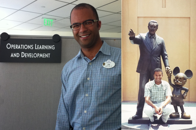 Former Disney cast member Jim Farmer kickstarts his interest in talent development at Disneyland Resort (left) and poses alongside the Partners statue at The Walt Disney Studios (right).