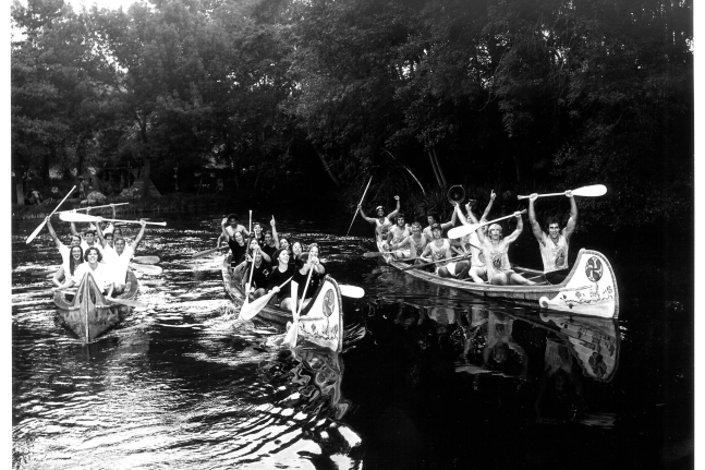 Disneyland cast members revel in their 1977 canoe race victory.