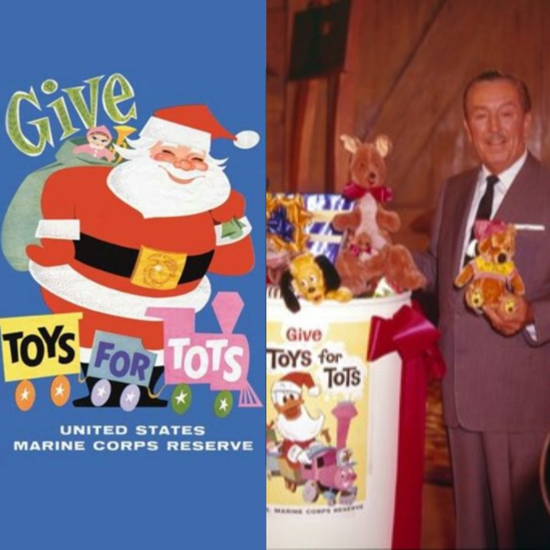 (Left) Original Toys for Tots logo designed by Walt Disney. (Right) Walt Disney with a Toys for Tots donation bin.