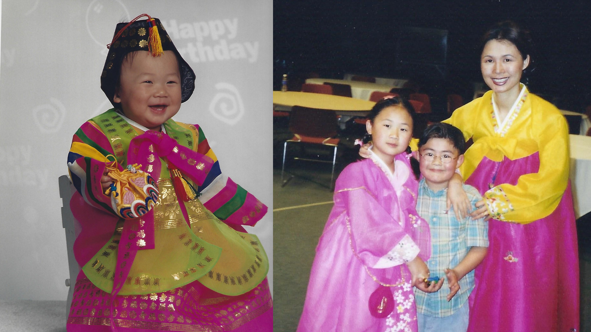 Left: Grace wearing a hanbok on her 100-day celebration. Right: Grace, age 8, with her brother and mother.